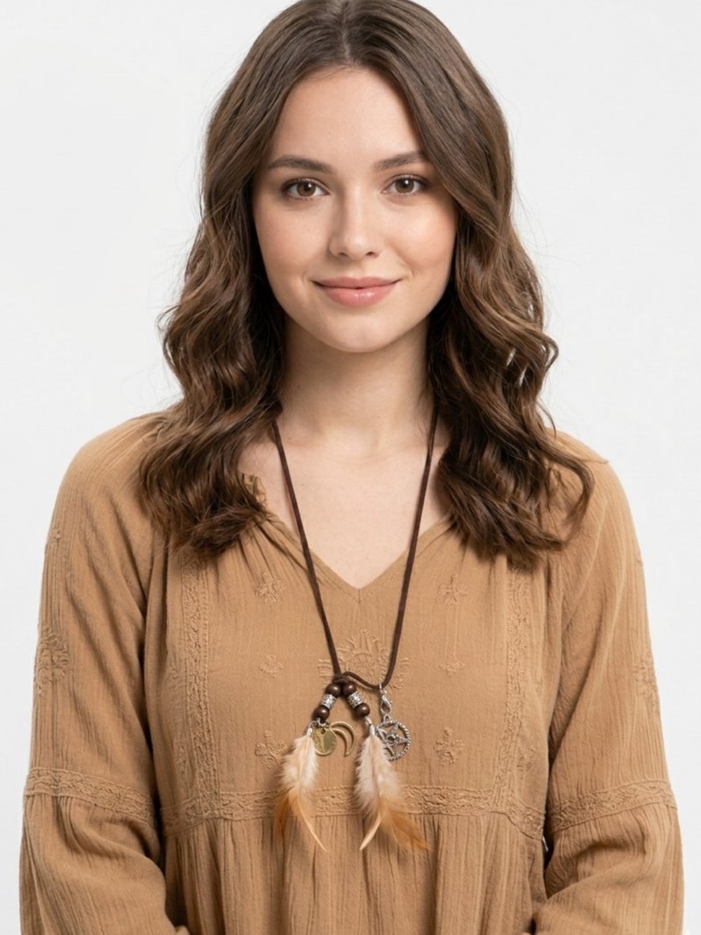 Boho Feather Charm Necklace in Brown - Women Jewelry